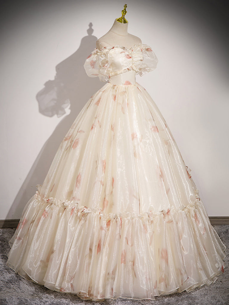 CHAMPAGNE TULLE V-NECK PROM DRESS