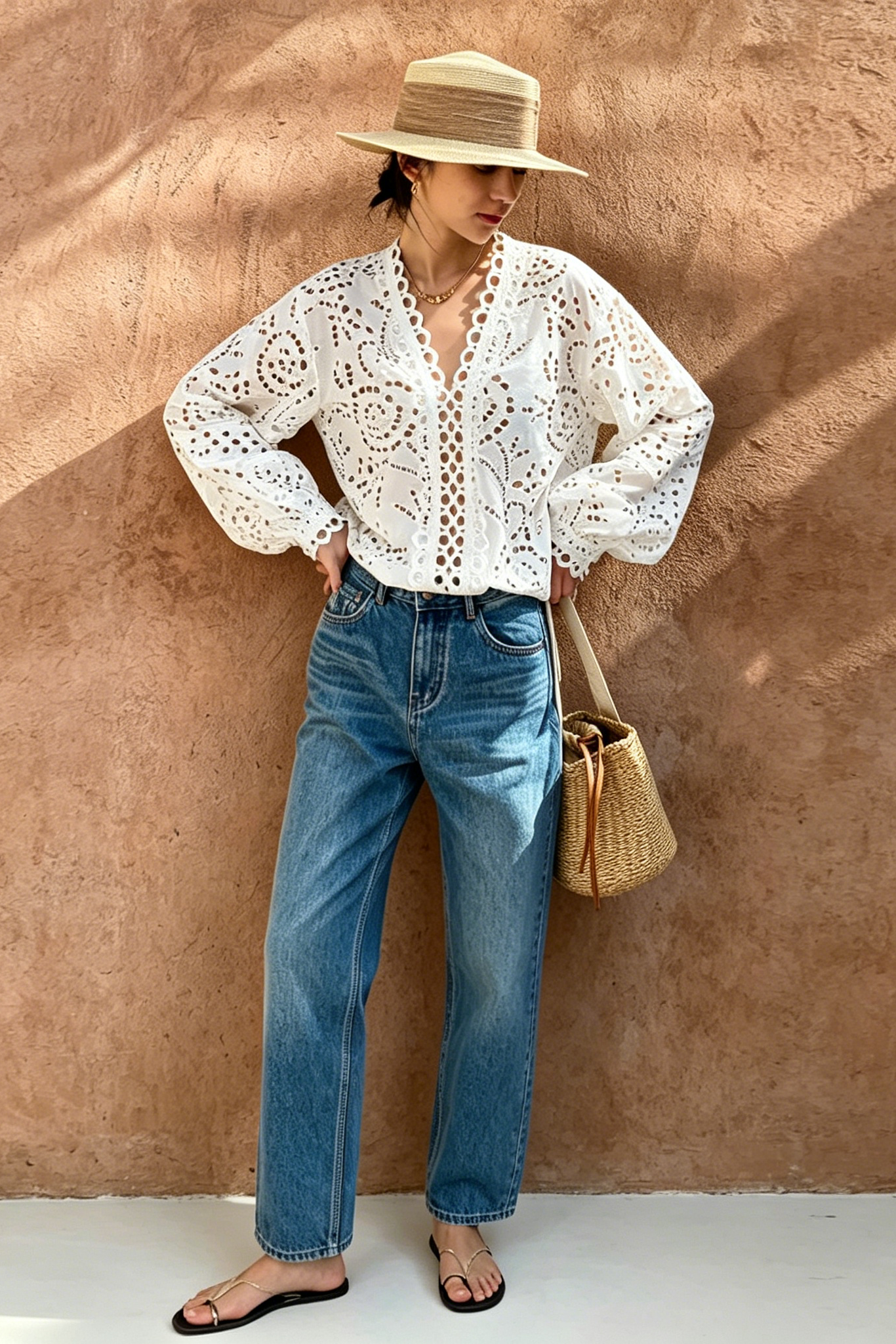 WHITE EYELET LACE BLOUSE BALLOON SLEEVES V-NECK