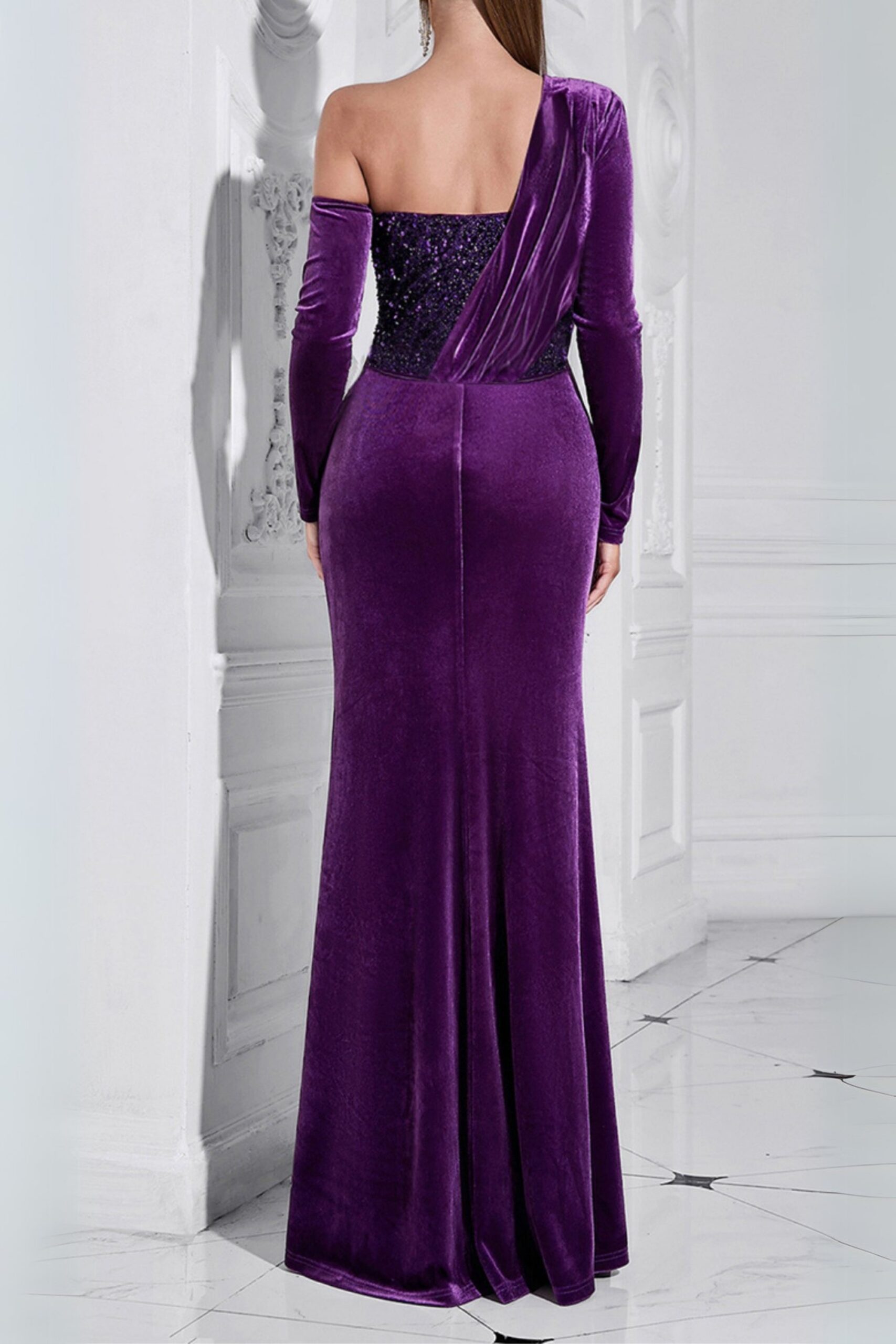 ONE SHOULDER VELVET SEQUIN MAXI DRESS FOR PARTY