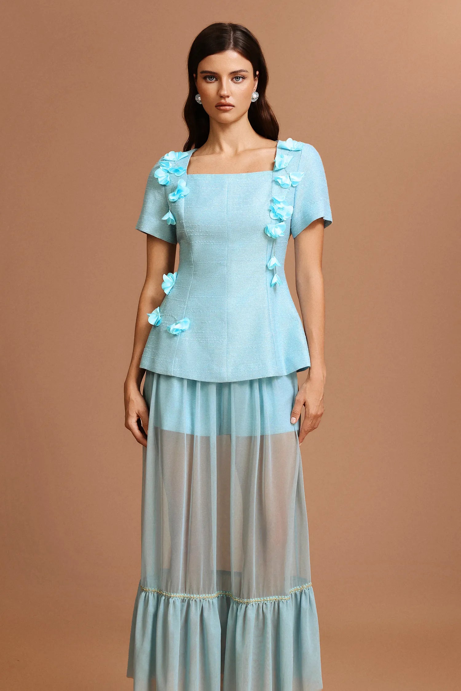 URSULA BLUE FLORAL TWO-PIECE SET SHORT SLEEVES FOLD SKIRT