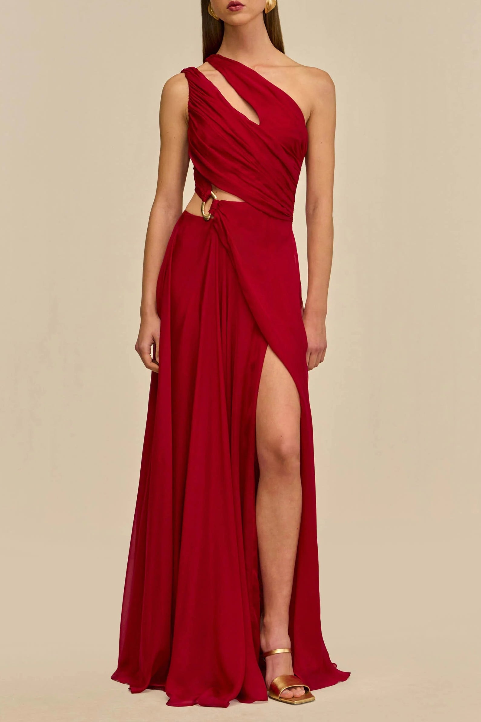 AGATHA ONE-SHOULDER RED SILK GOWN, HIGH SLIT