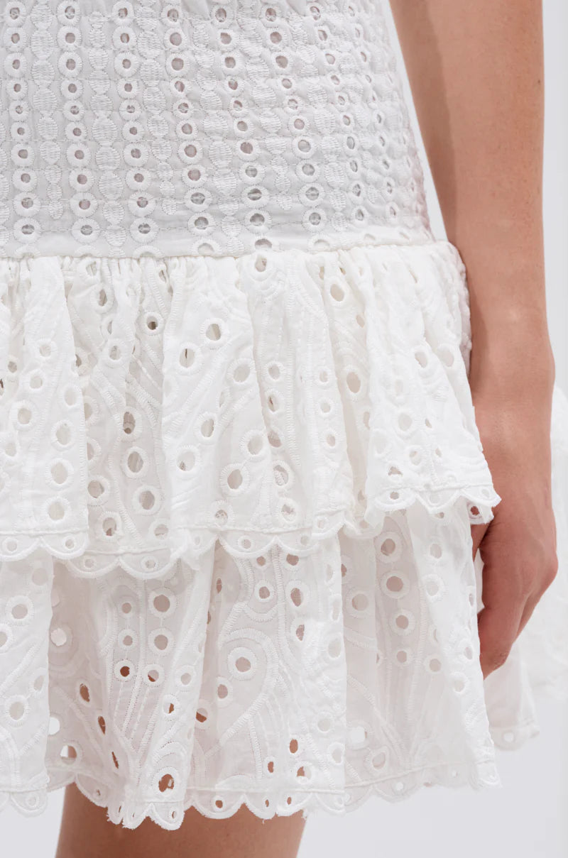 WHITE EYELET STRAPLESS LAYERED MINI DRESS