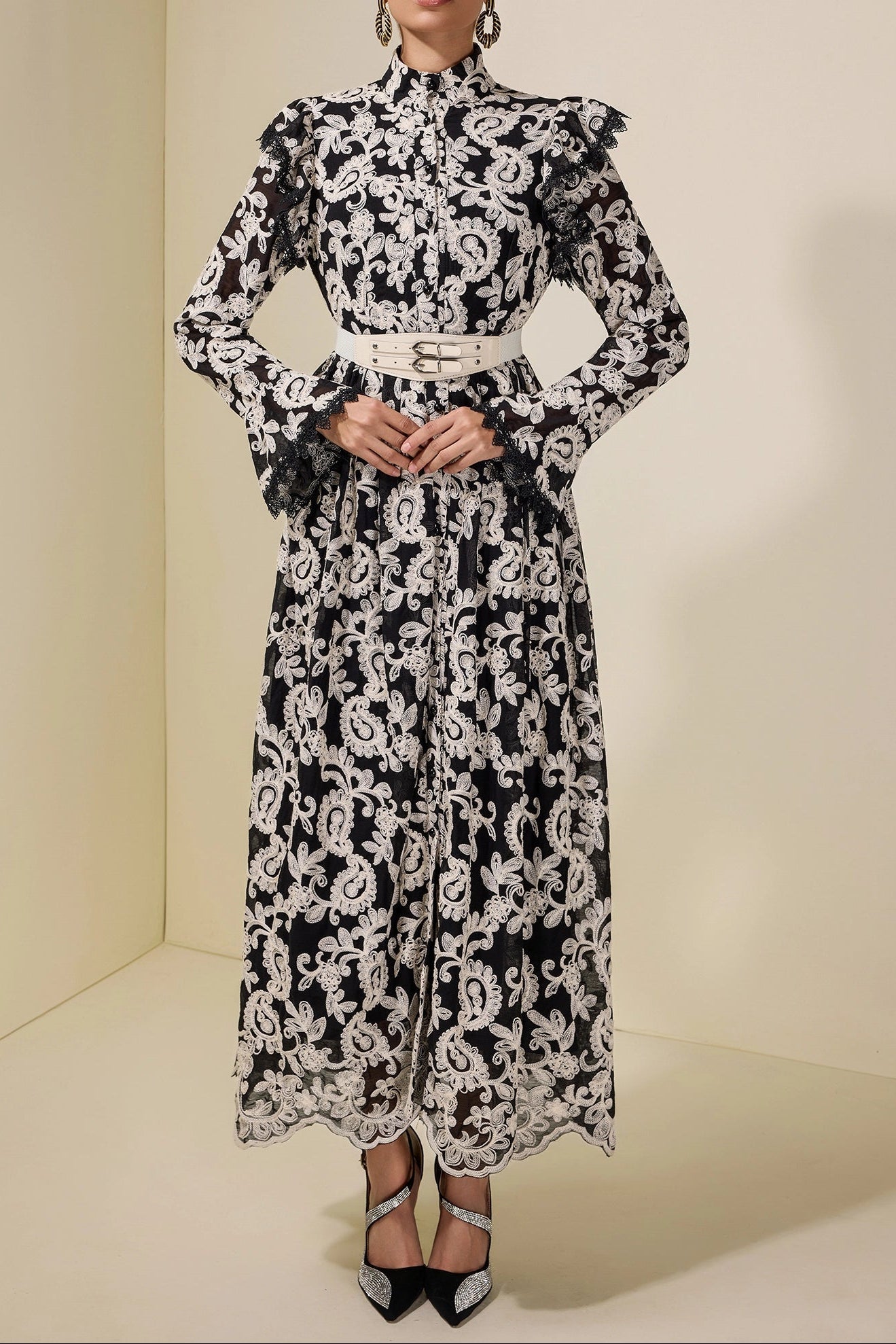 ALMA EMBROIDERED MIDI DRESS, BLACK, SINGLE BREASTED
