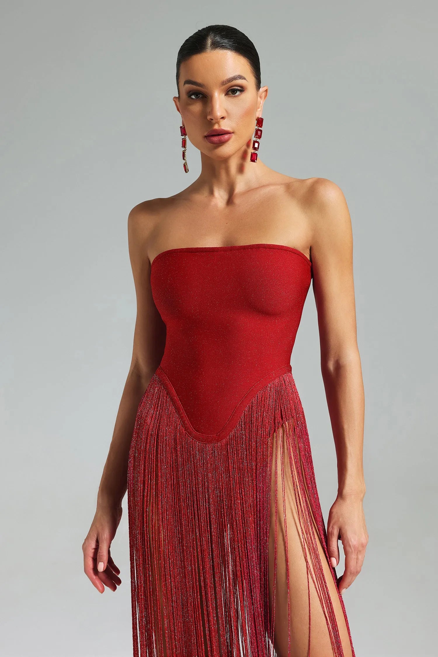 HELEN FRINGE STRAPLESS RED MINI DRESS