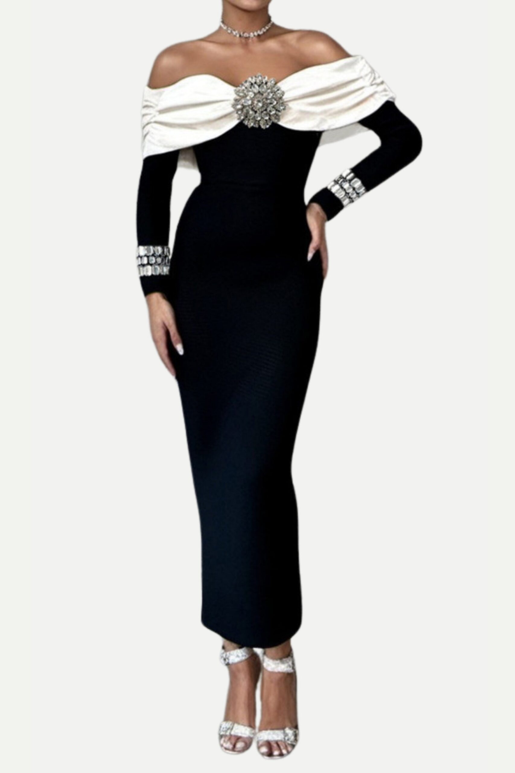 OFF SHOULDER BACKLESS BANDAGE BLACK MAXI DRESS