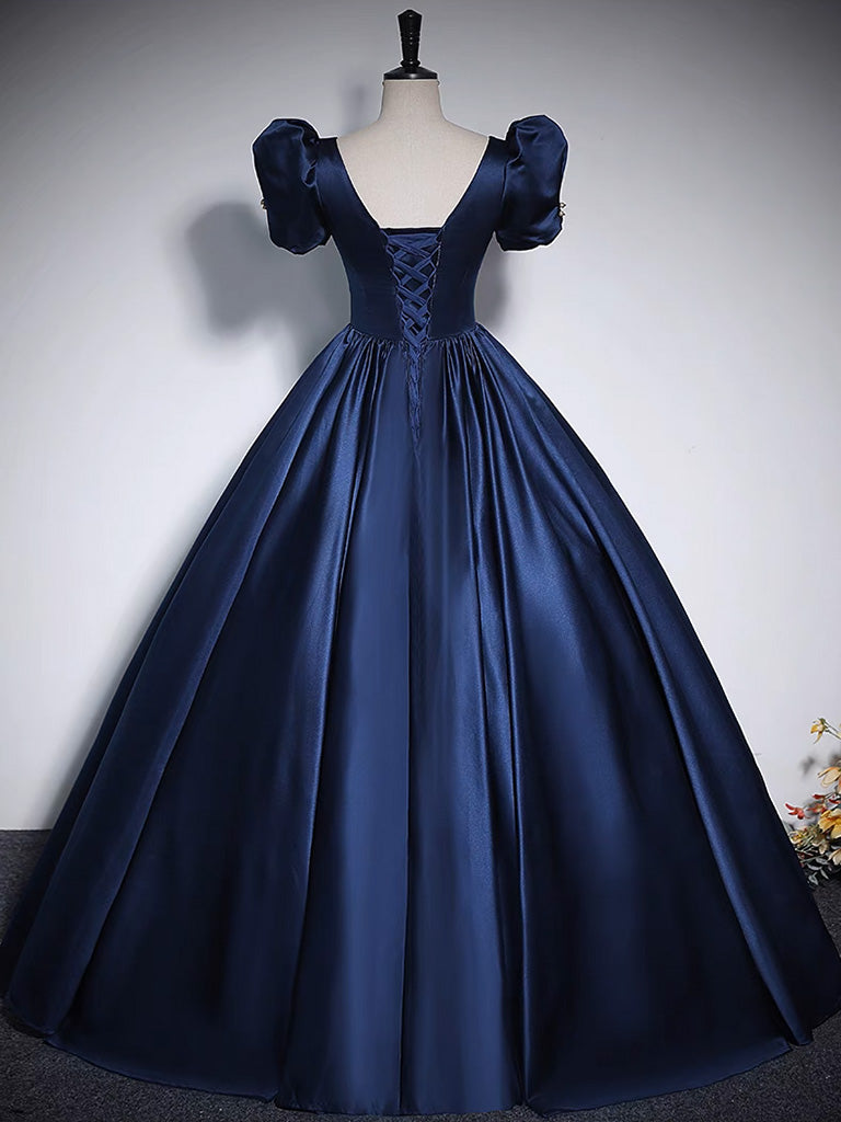 MIDNIGHT BLUE SATIN PROM GOWN, A-LINE