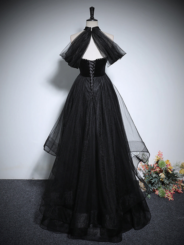 BLACK A-LINE TULLE PROM DRESS