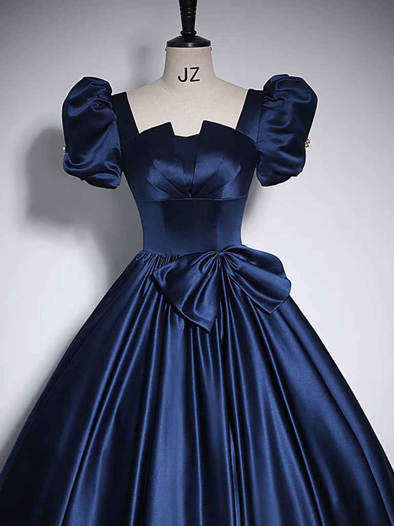 MIDNIGHT BLUE SATIN PROM GOWN, A-LINE