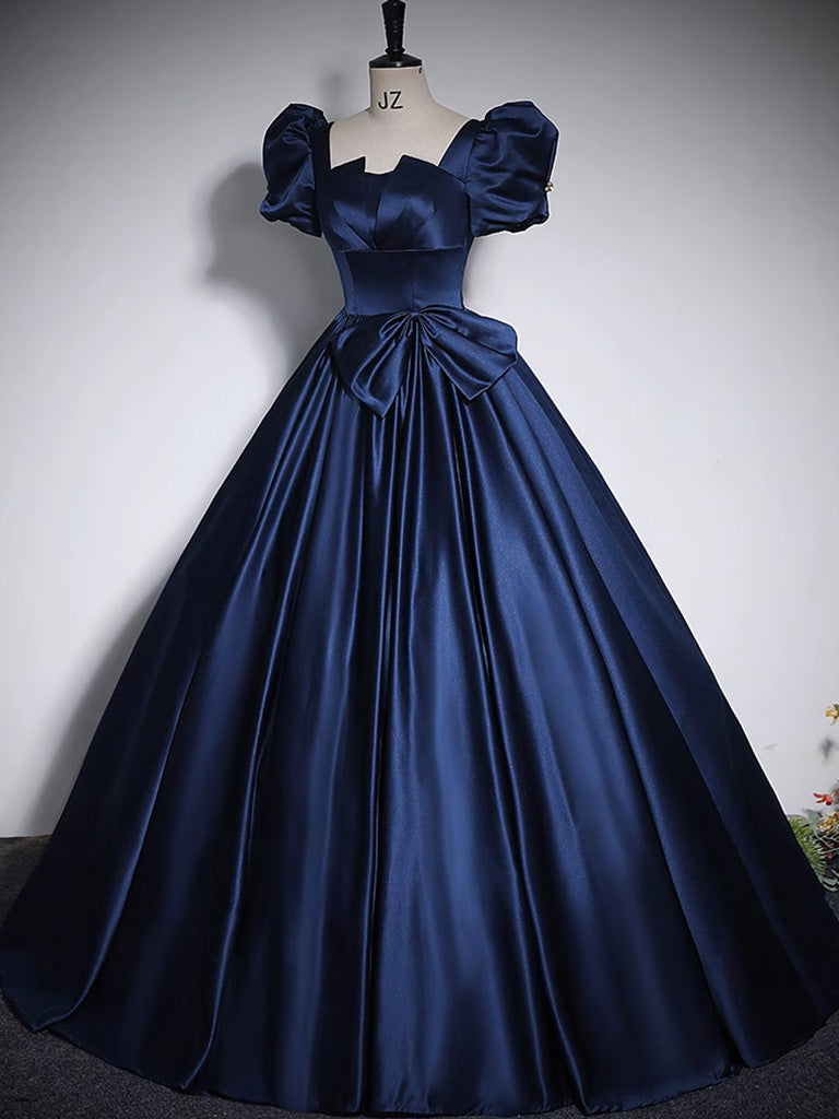 MIDNIGHT BLUE SATIN PROM GOWN, A-LINE