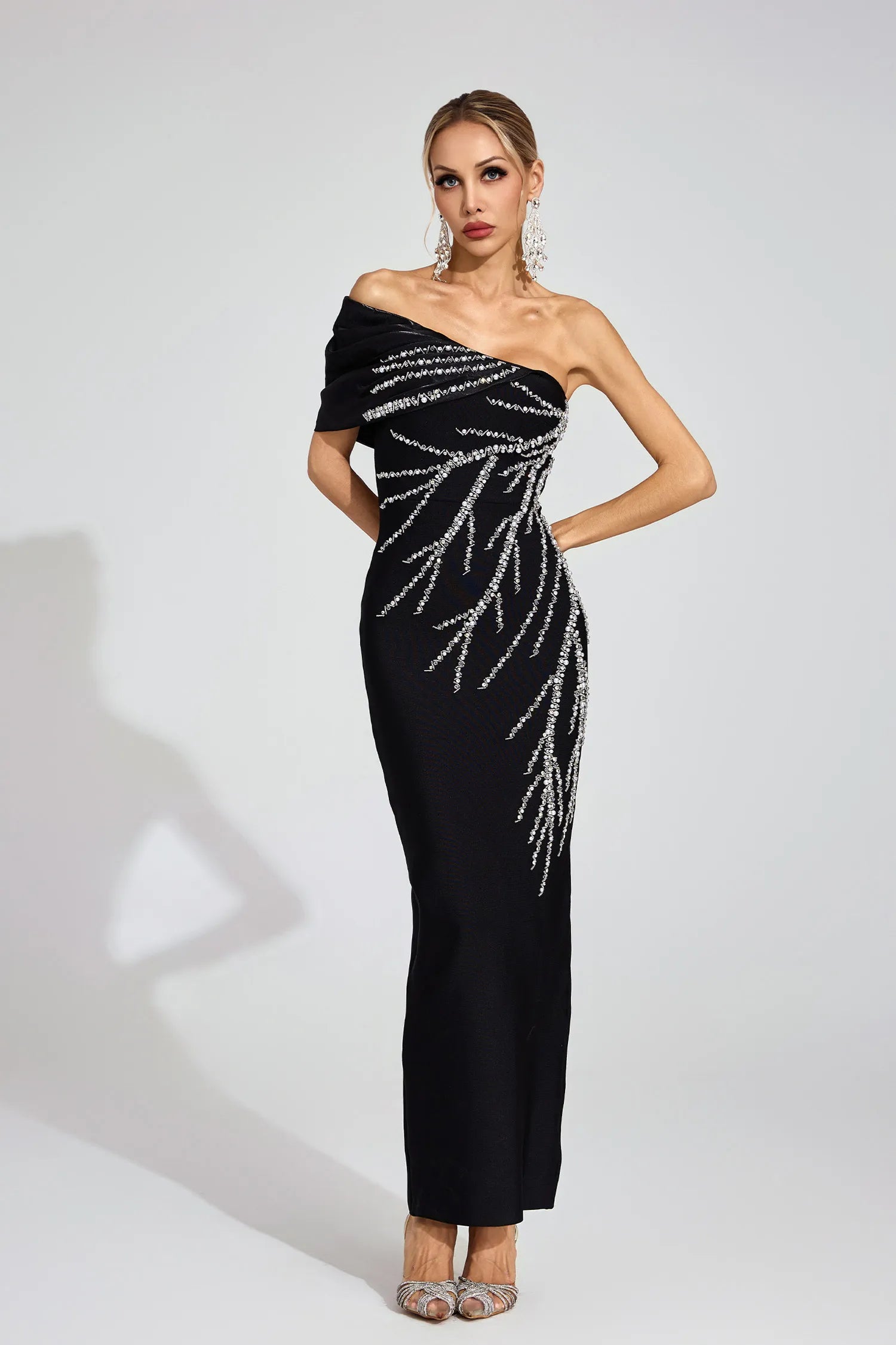 XAVIERA BLACK BANDAGE STRAPLESS MAXI DRESS