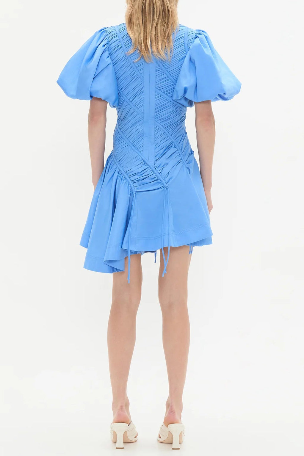 EUDRIA ASYMMETRIC PUFF SLEEVE MINI DRESS IN MIST BLUE