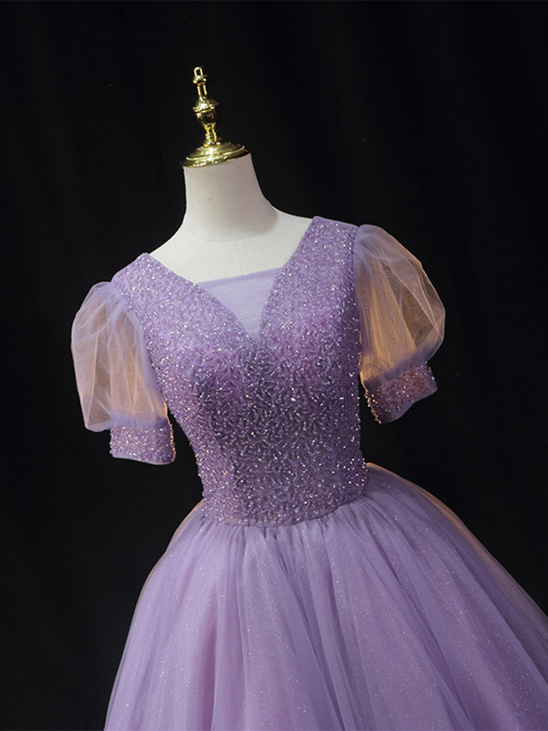 PURPLE V-NECK TULLE SEQUIN MIDI PROM DRESS