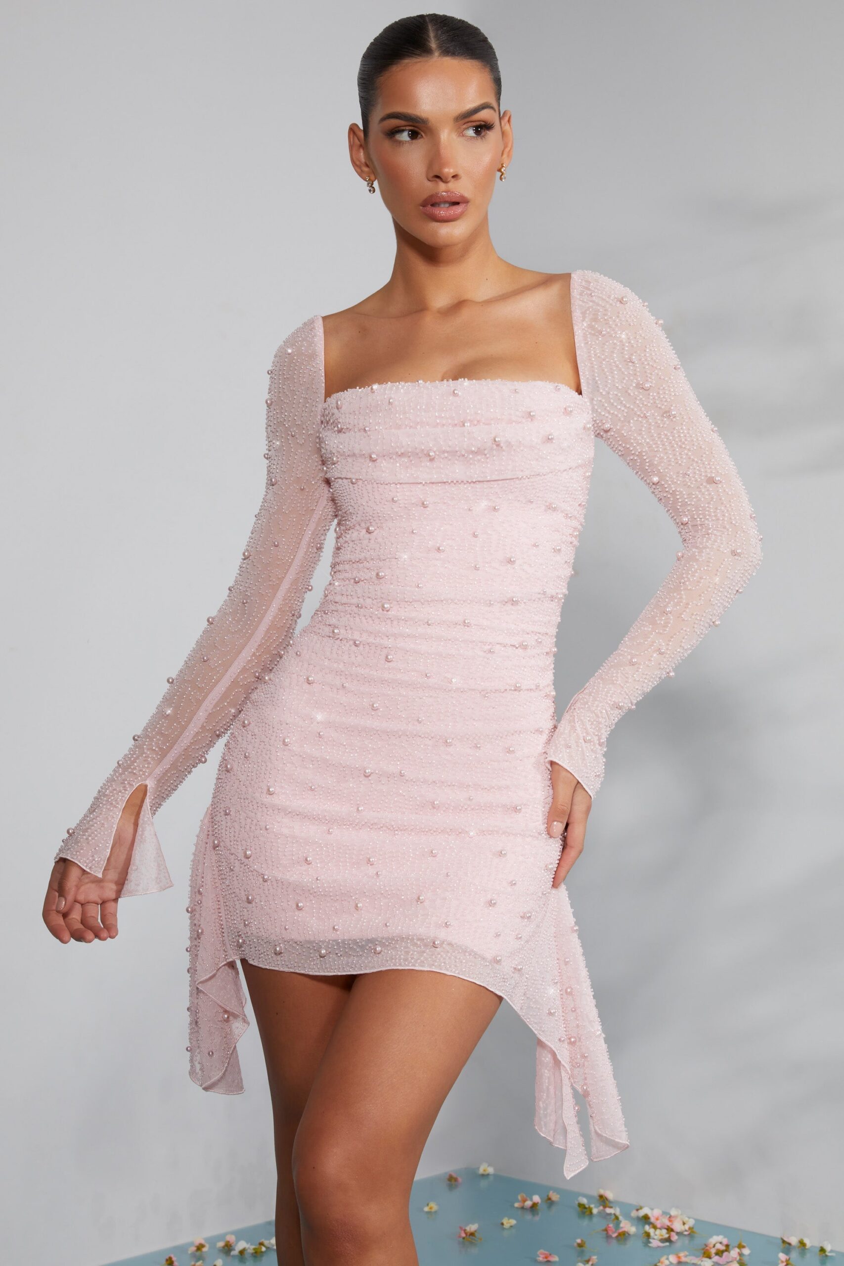 LONG SLEEVE COWL NECK MINI DRESS IN BLUSH