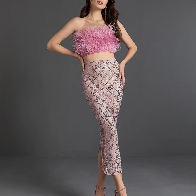 AUDREY PINK FEATHER TOP SEQUIN MIDI SKIRT SET