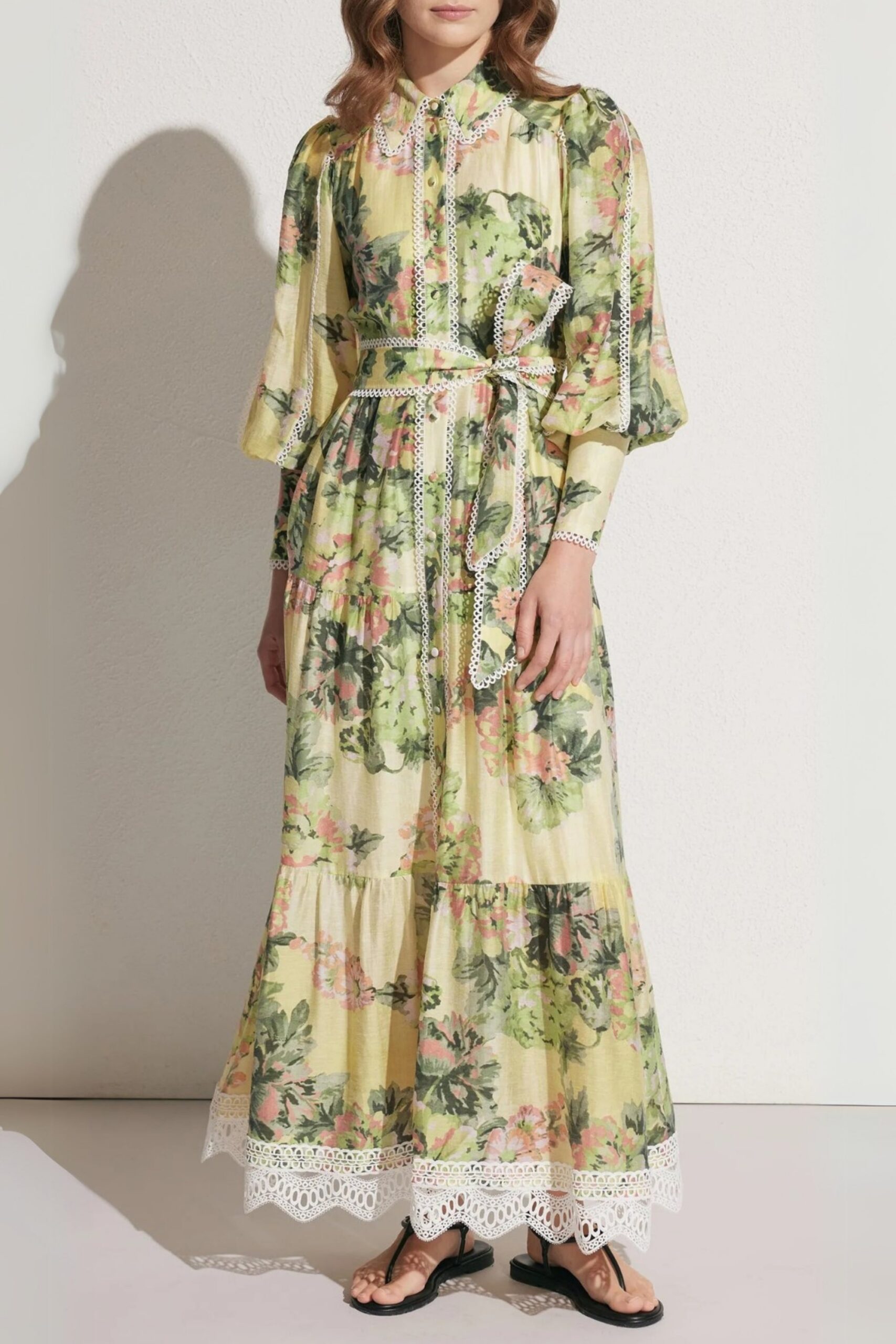 MULTICOLOR FLORAL LACE TRIM MAXI DRESS