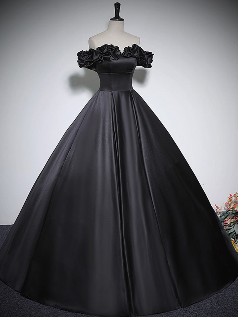BLACK A-LINE OFF-SHOULDER SATIN PROM DRESS