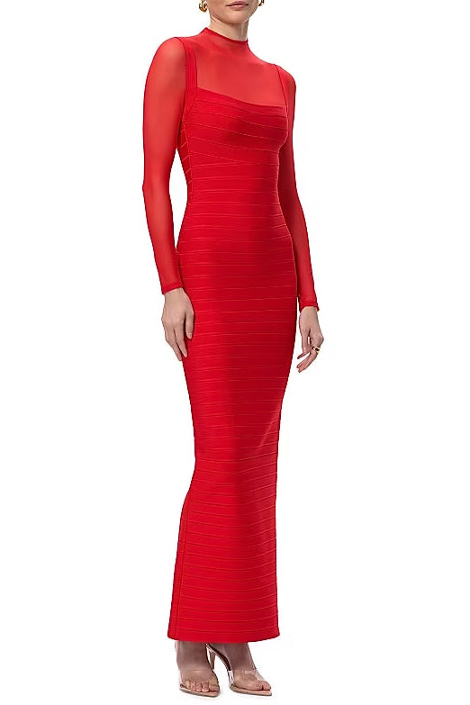 TINA RED MESH SEE-THROUGH BANDAGE MAXI DRESS