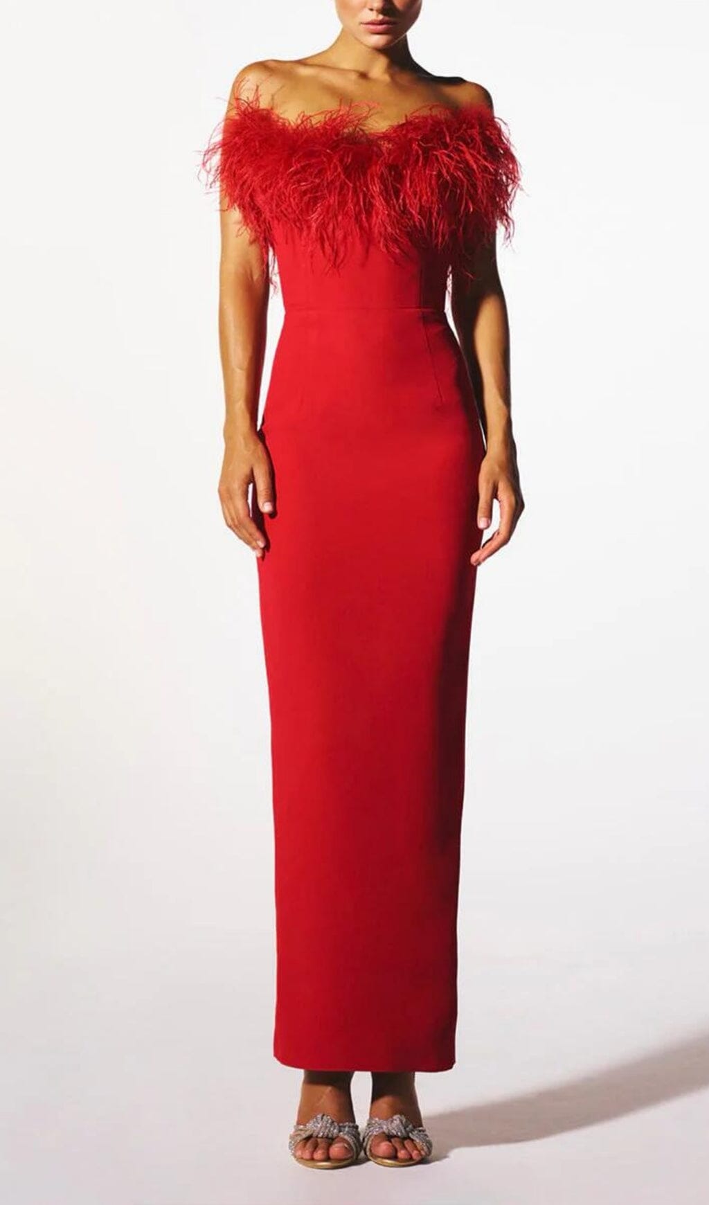 67f25ca9 RED STRAPLESS FEATHER GOWN FOR FORMAL OCCASIONS