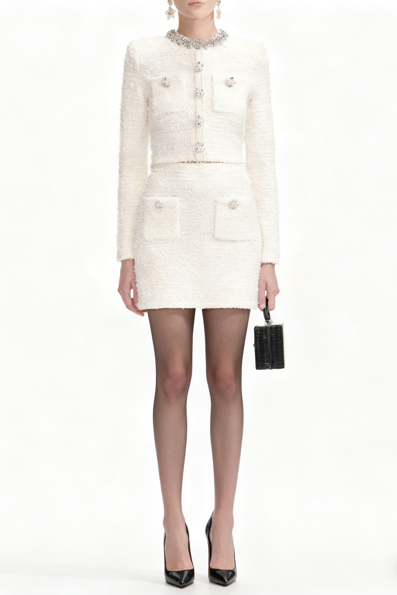 alisa Diamond-embellished tweed cardigan skirt set in white
