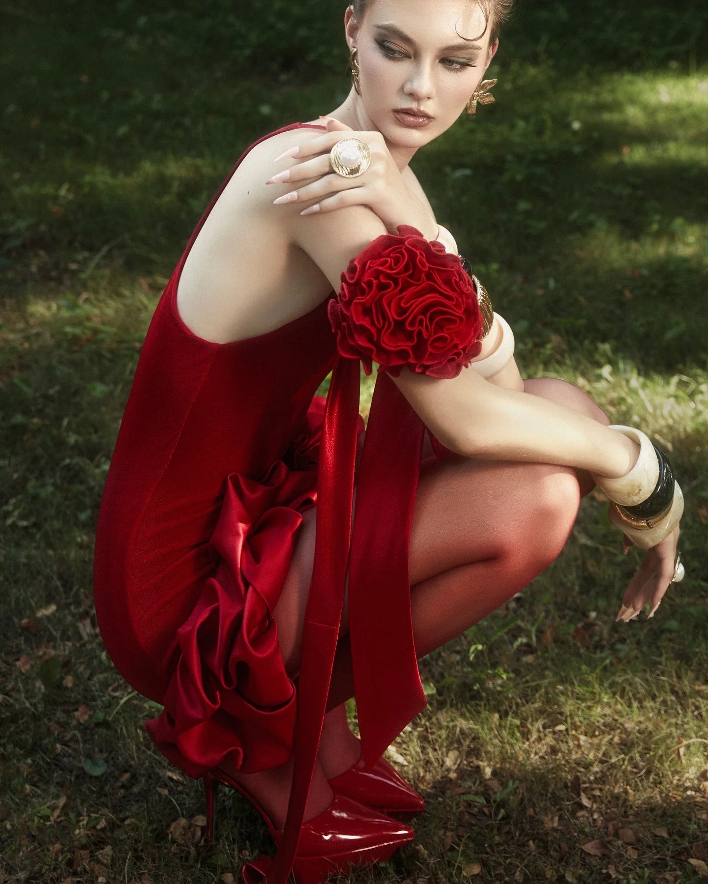 FLOWER TRIM RED MINI DRESS FOR PARTY