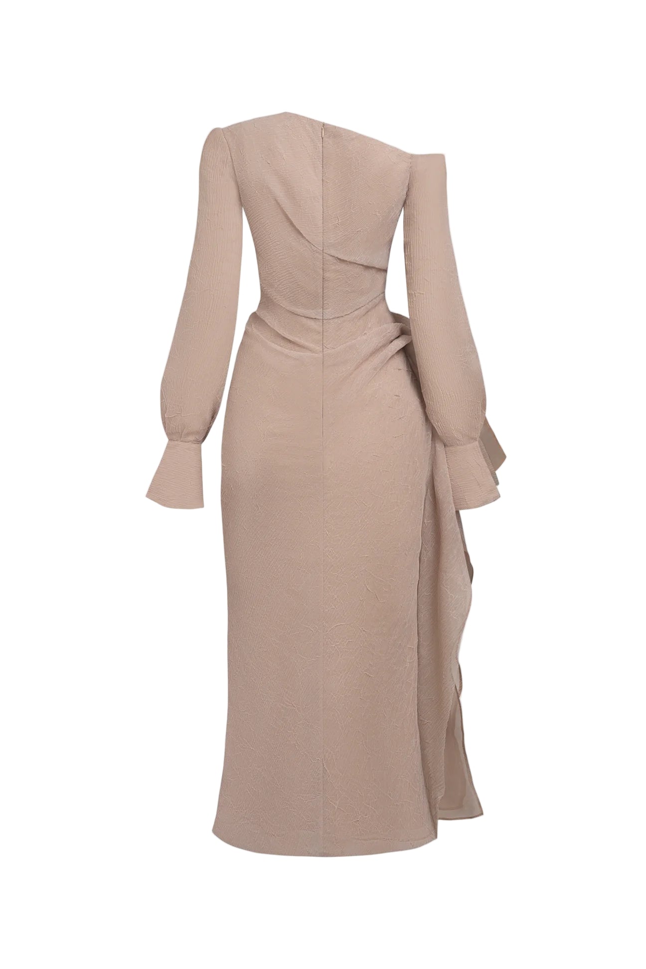 BRIANNA ASYMMETRIC PLEATED MAXI DRESS IN BEIGE