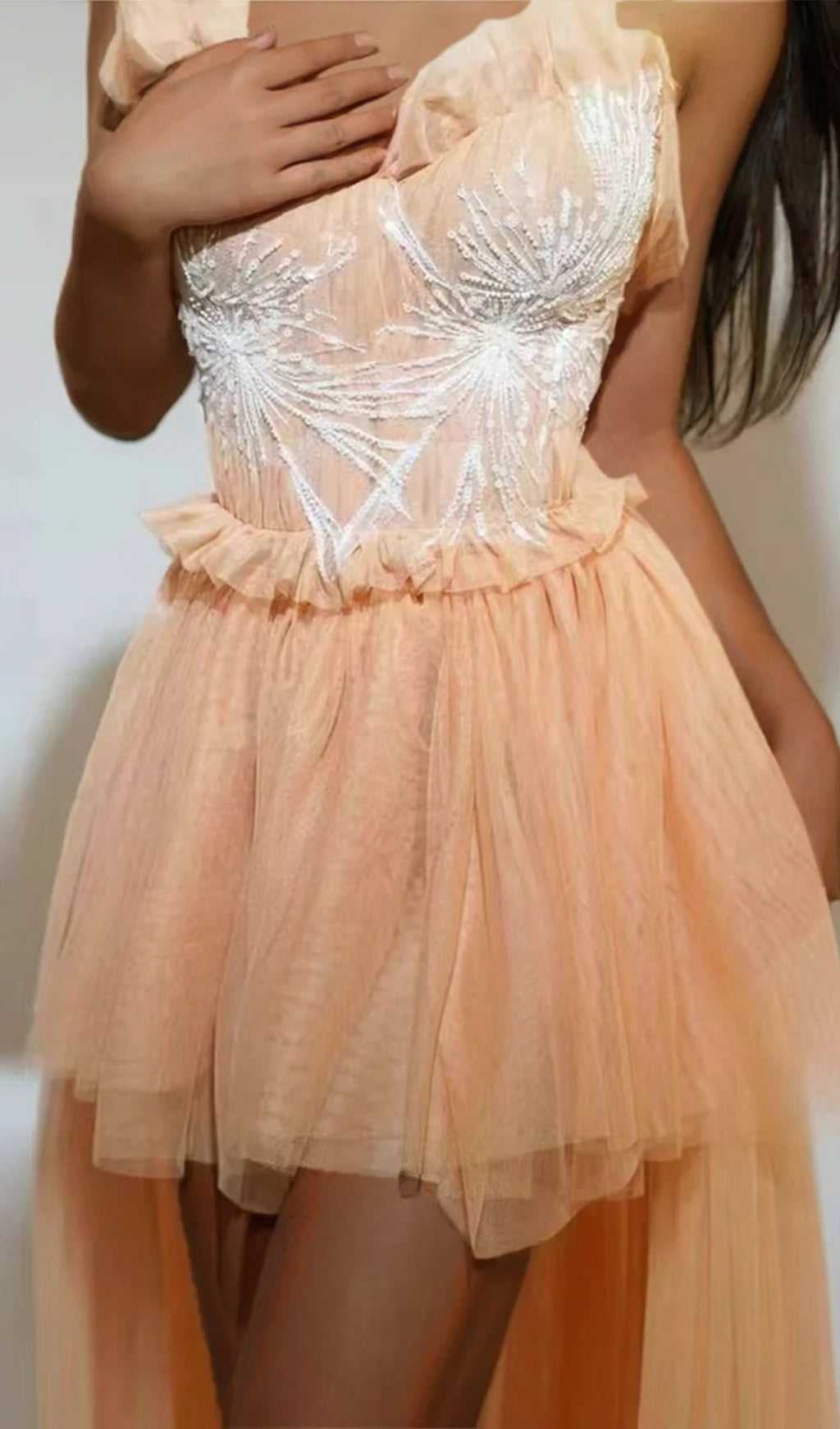 KALENE STRAPLESS RUFFLE TULLE COCKTAIL DRESS