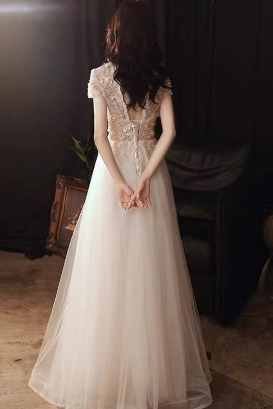 3D FLORAL LACE TULLE EVENING GOWN, FLOOR-LENGTH