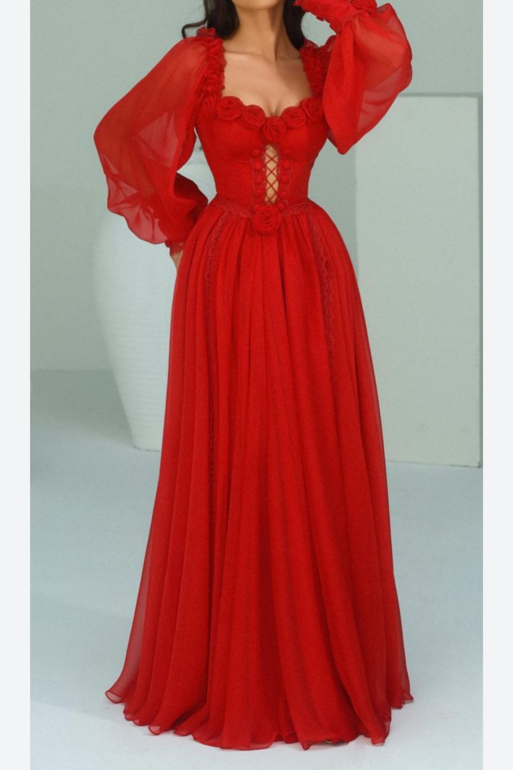 CHIFFON 3D FLOWER LONG SLEEVE MIDI DRESS RED