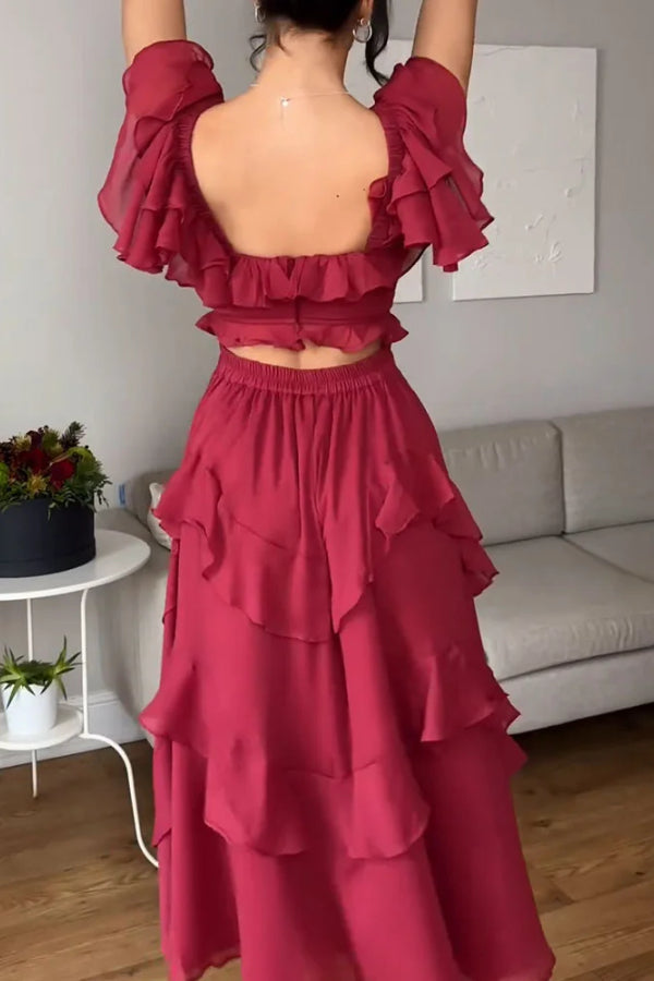 SQUARE NECK RUFFLE SLEEVE BACKLESS PARTY DRESS