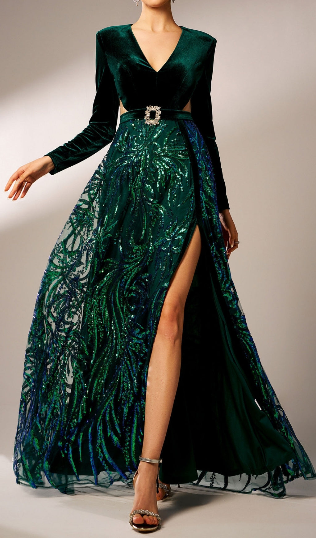 SEQUIN HIGH SLIT LONG SLEEVE MAXI DRESS IN GREEN