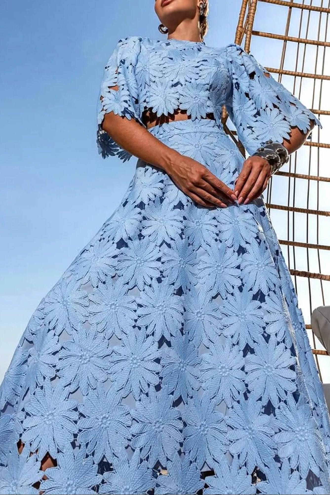 LACE EMBROIDERED BLUE TWO-PIECE SET, MAXI SKIRT, BOHO