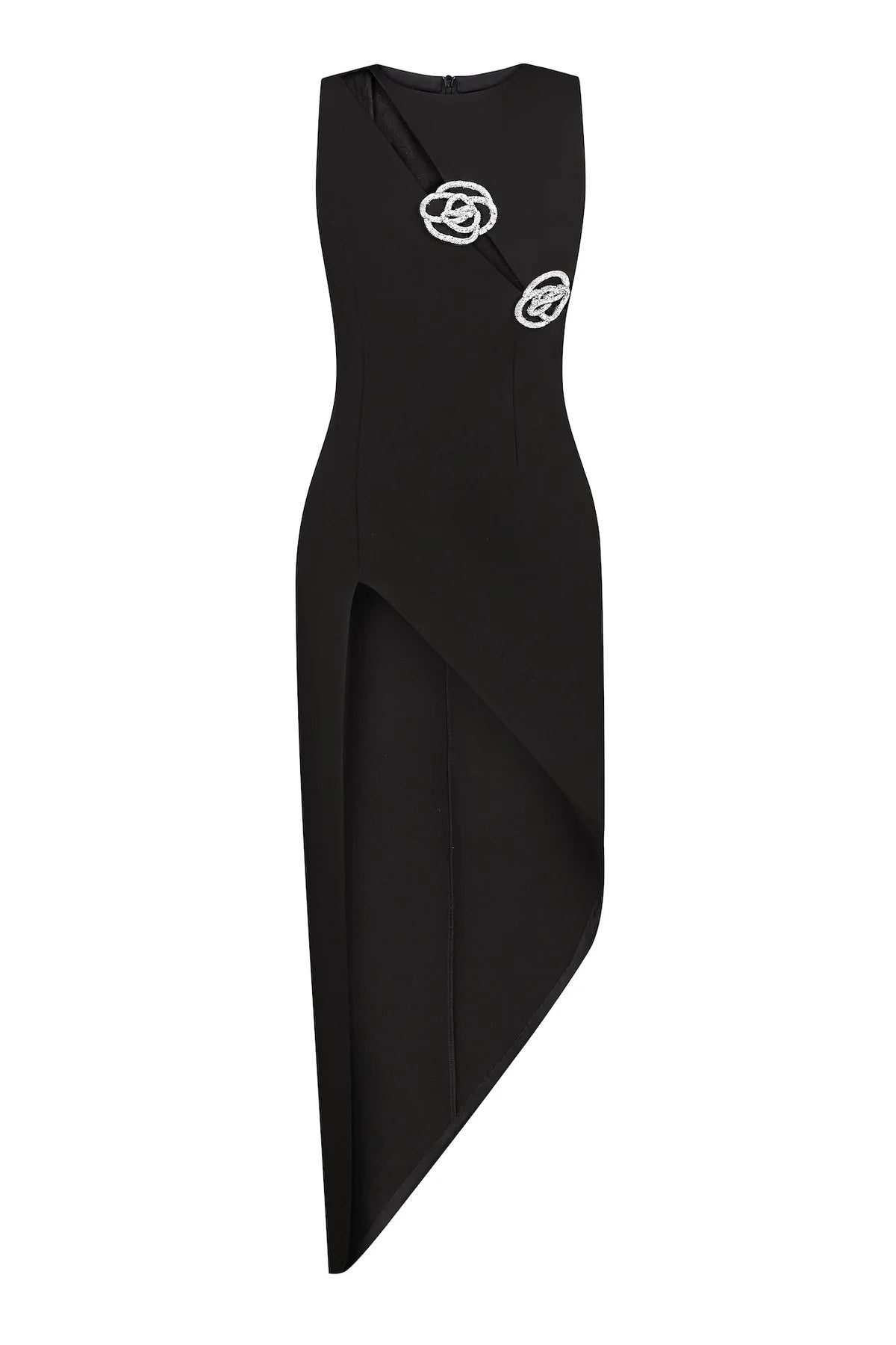 CRYSTAL ROSE HIGH-SLIT BLACK EVENING DRESS