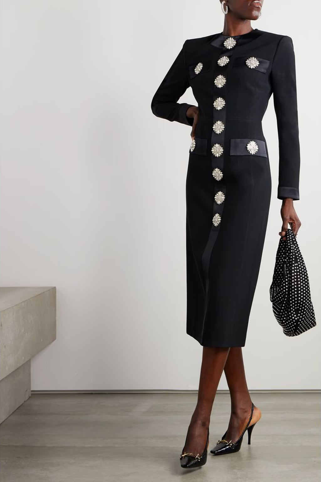 CRYSTAL EMBELLISHED SATIN CREPE MIDI DRESS, BLACK