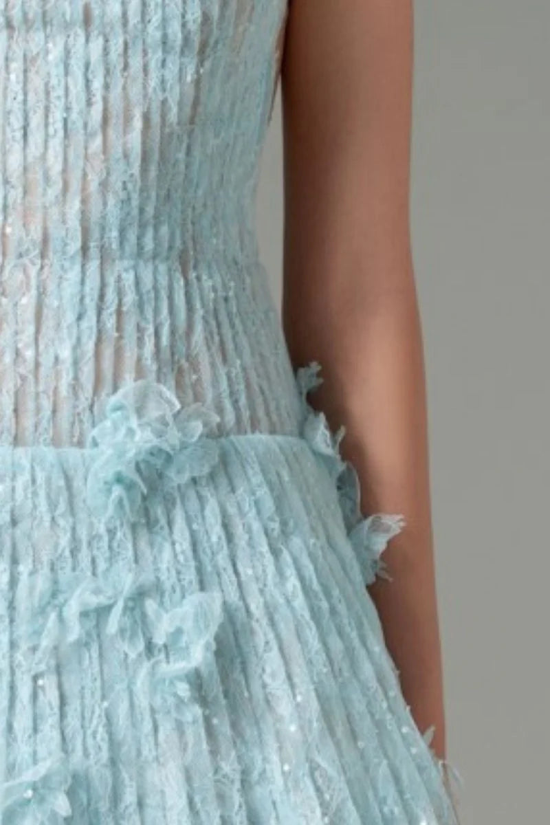 SLEEVELESS LACE AQUA MINI DRESS FOR PARTIES