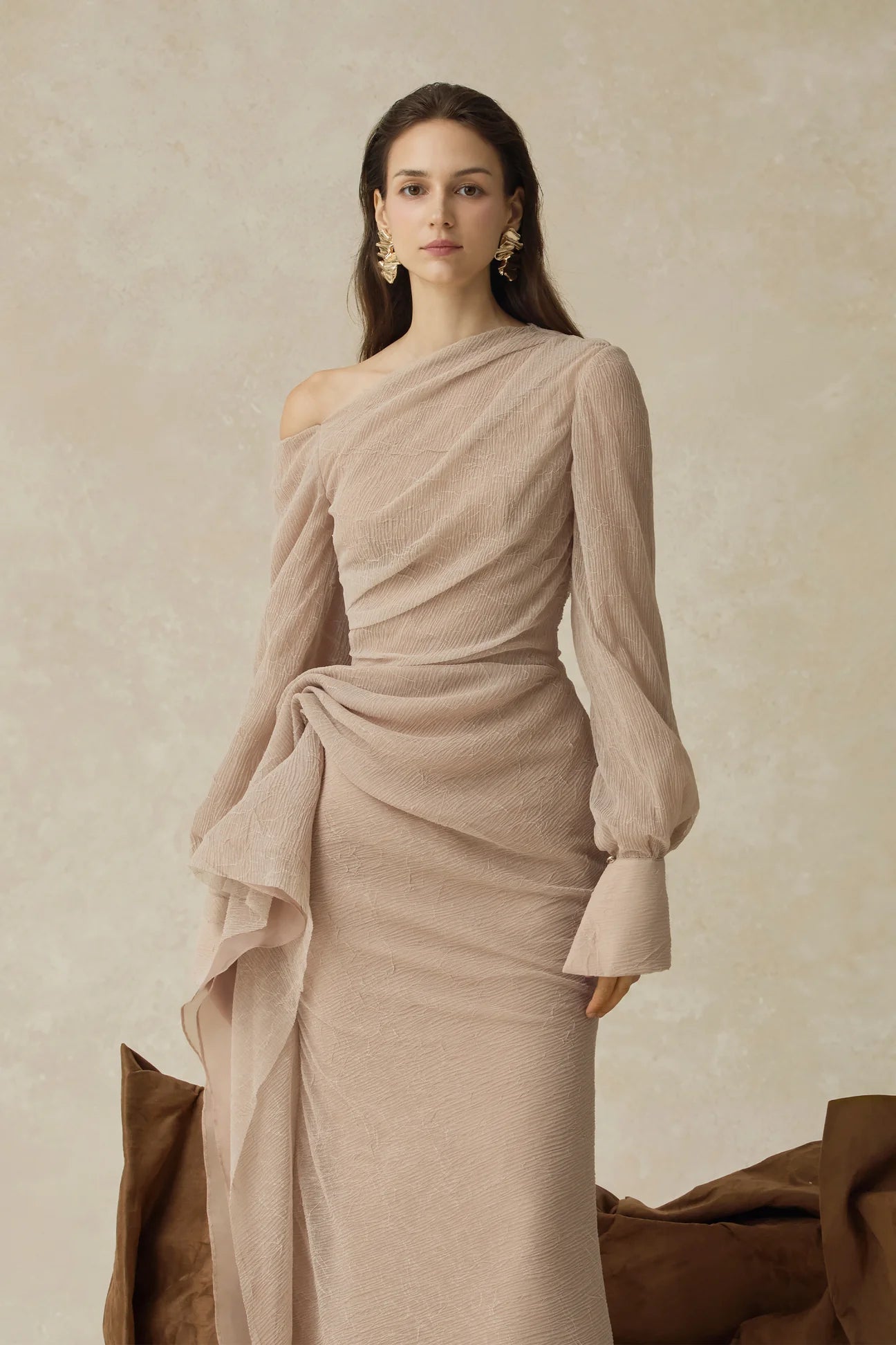 BRIANNA ASYMMETRIC PLEATED MAXI DRESS IN BEIGE