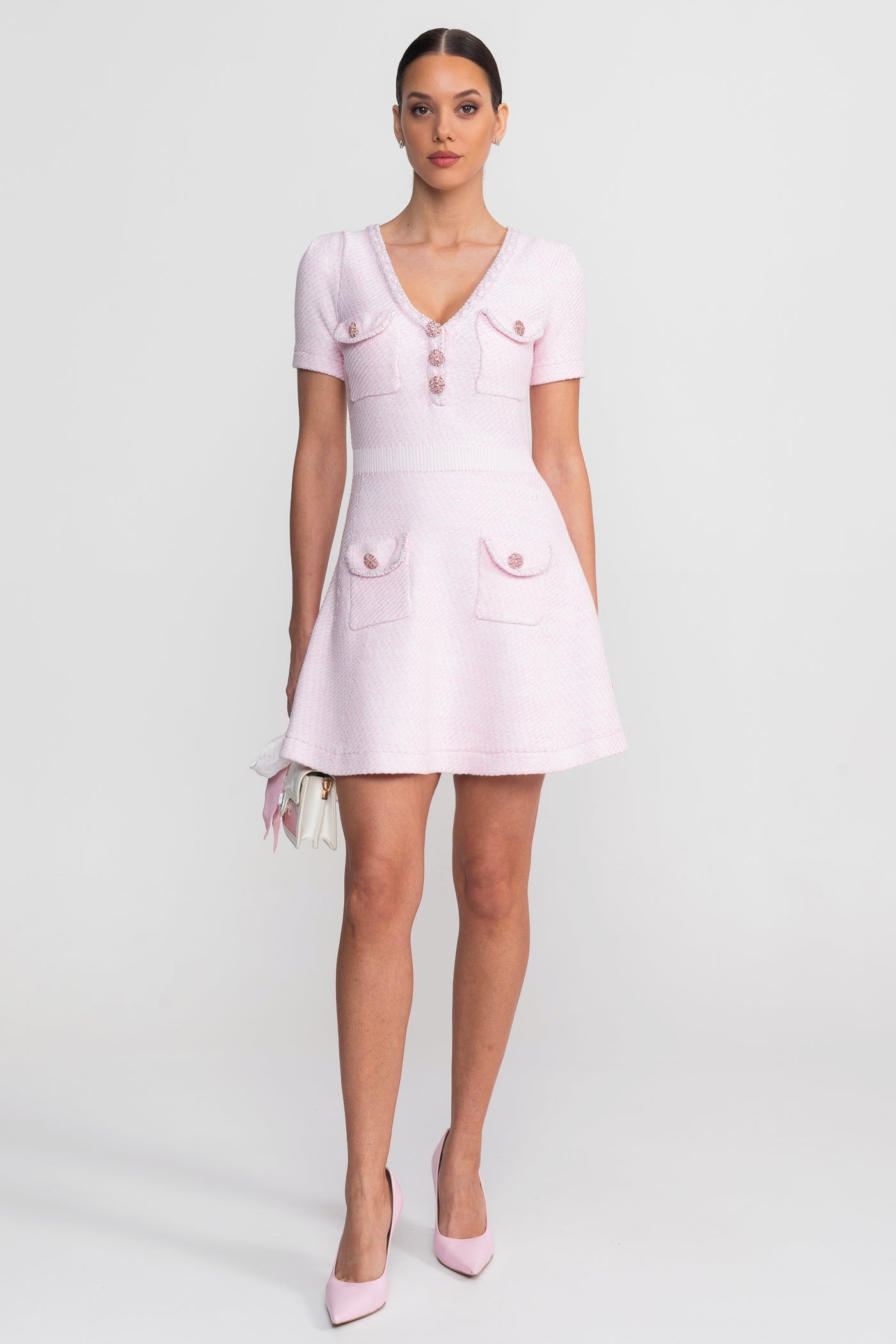 TEXTURED V-NECK MINI DRESS WITH JEWEL BUTTONS - PINK