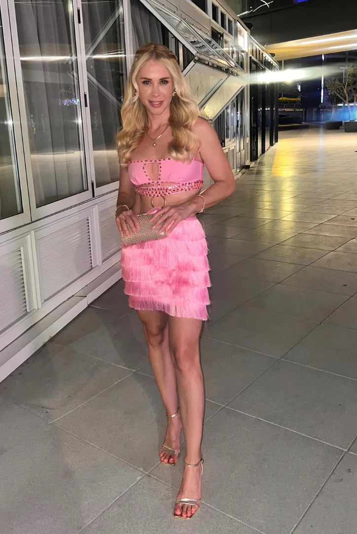 PINK RHINESTONE CUTOUT FRINGE PARTY DRESS