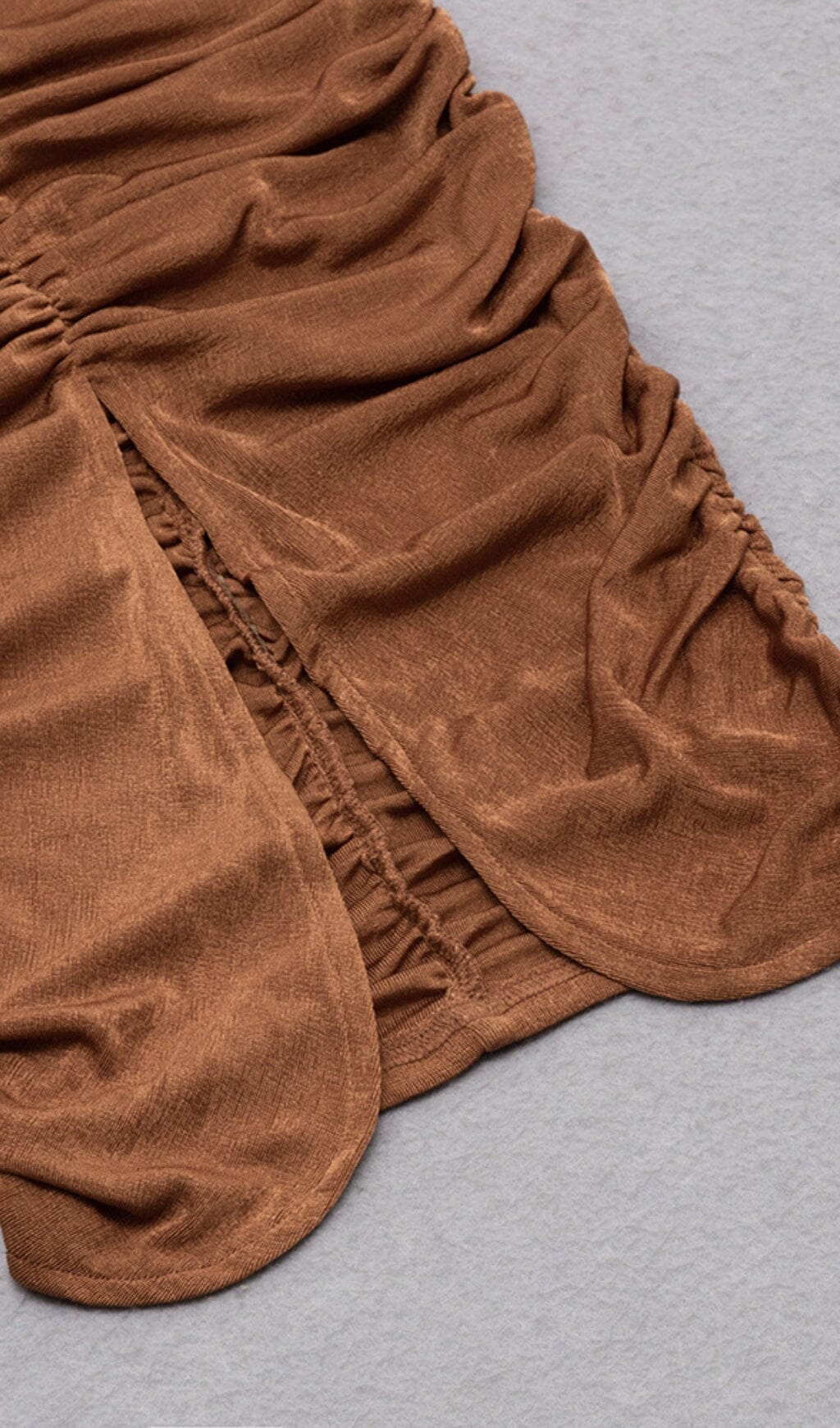 BROWN OFF-SHOULDER PLEATED MIDI DRESS