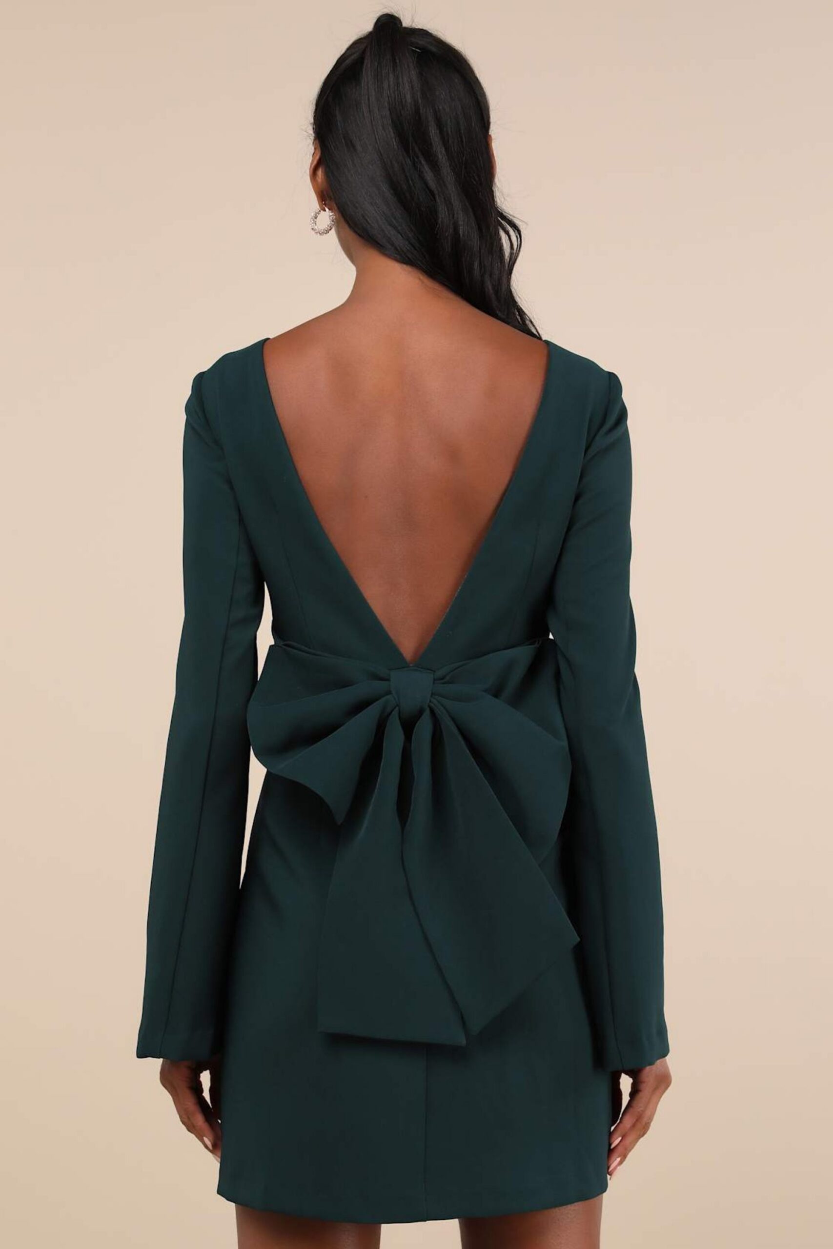 EMERALD BOW BACKLESS MINI DRESS, LONG SLEEVE