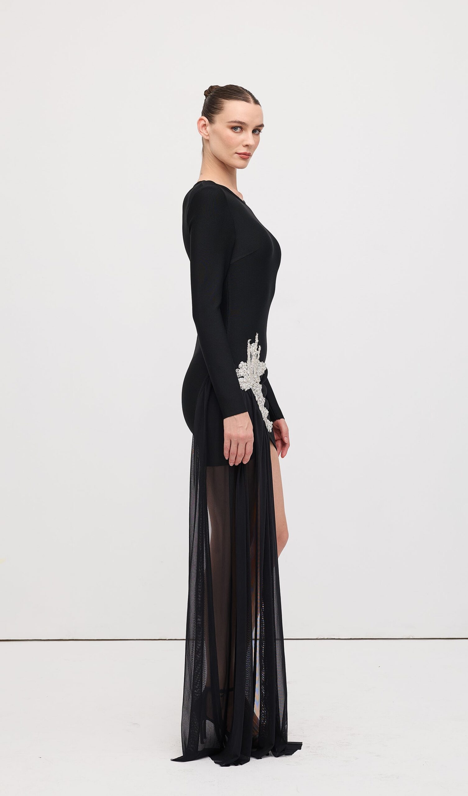 REBECCA BLACK ASYMMETRICAL RHINESTONE MINI DRESS