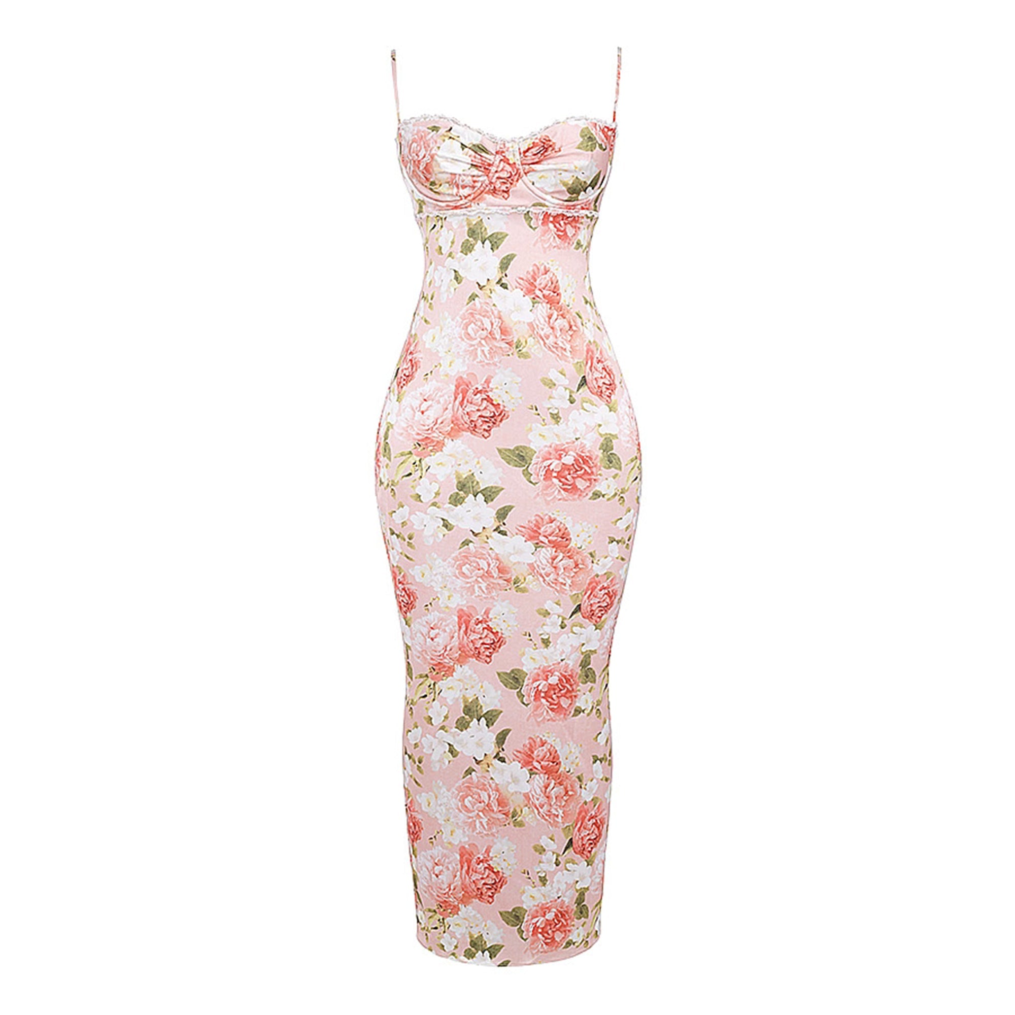 YVETTE PINK FLORAL SATIN MAXI DRESS FOR WEDDING