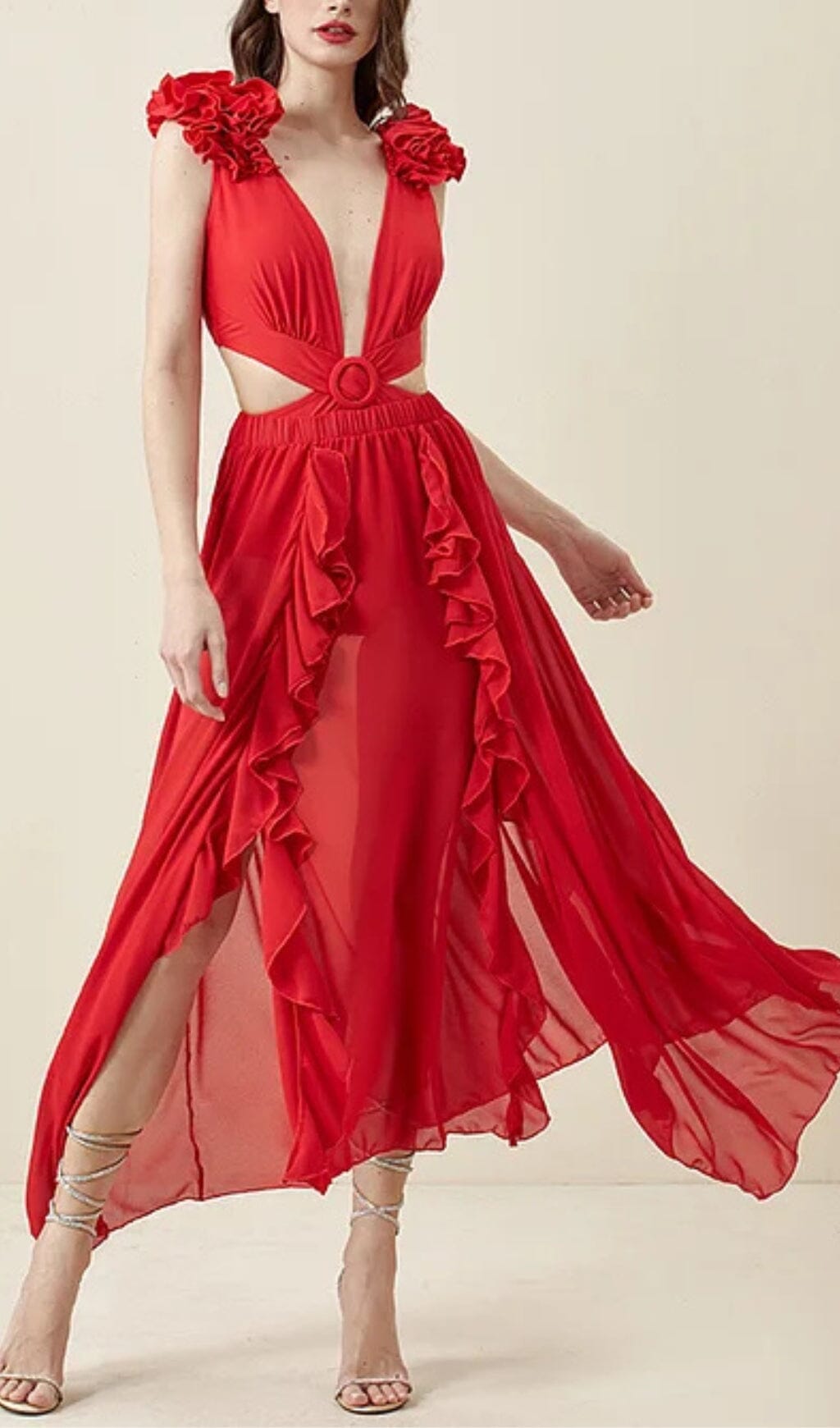 DEEP V RED CUTOUT ONE PIECE SWIMSUIT SKIRT SET