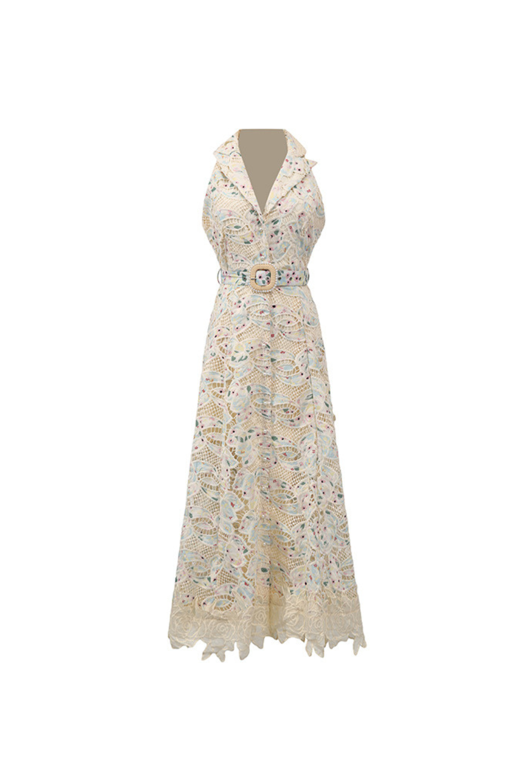 CHLOE SLEEVELESS LACE MAXI DRESS, BEIGE HOLLOW WEDDING GUEST