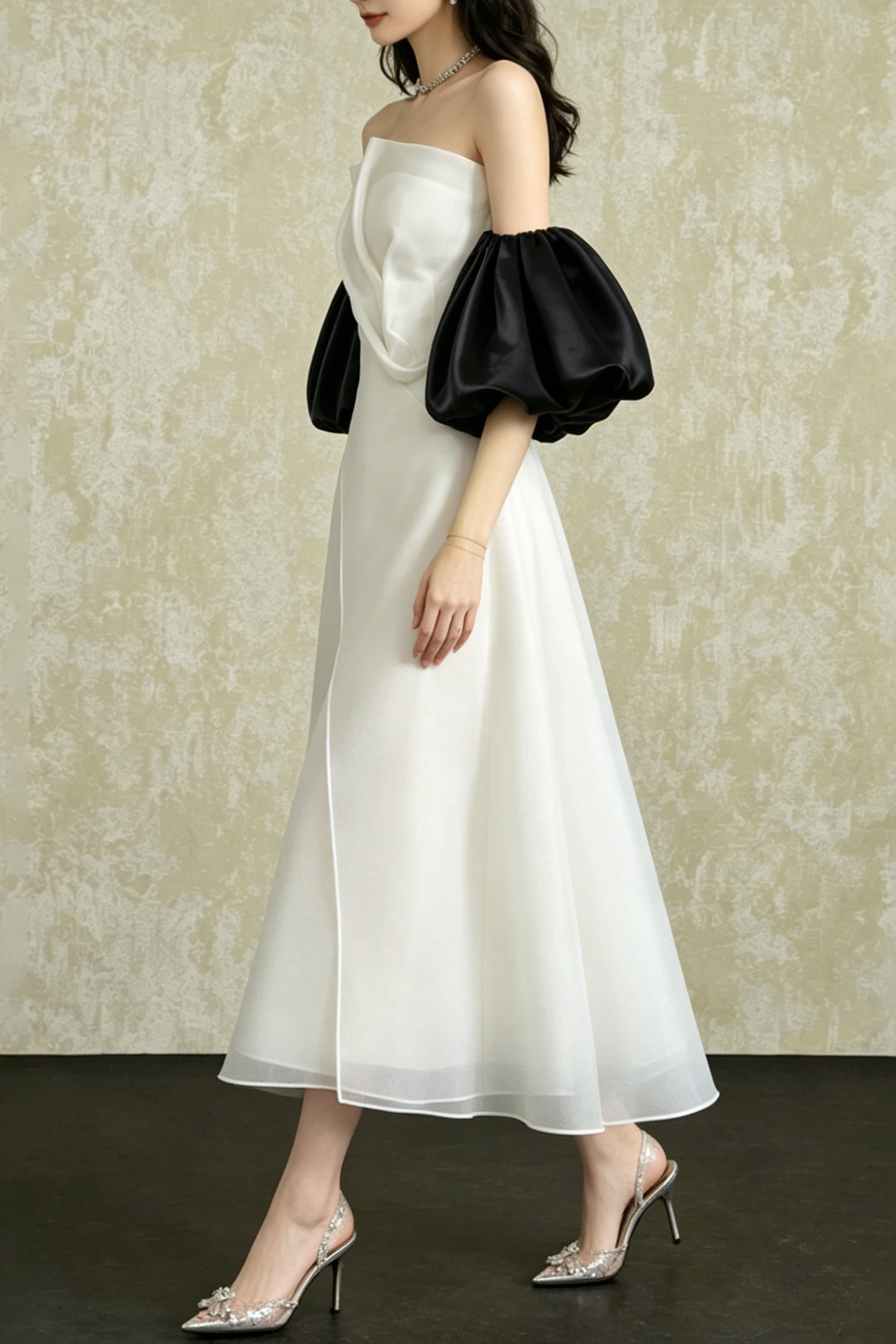 STRAPLESS PUFF SLEEVE ORGANZA MIDI DRESS, WHITE