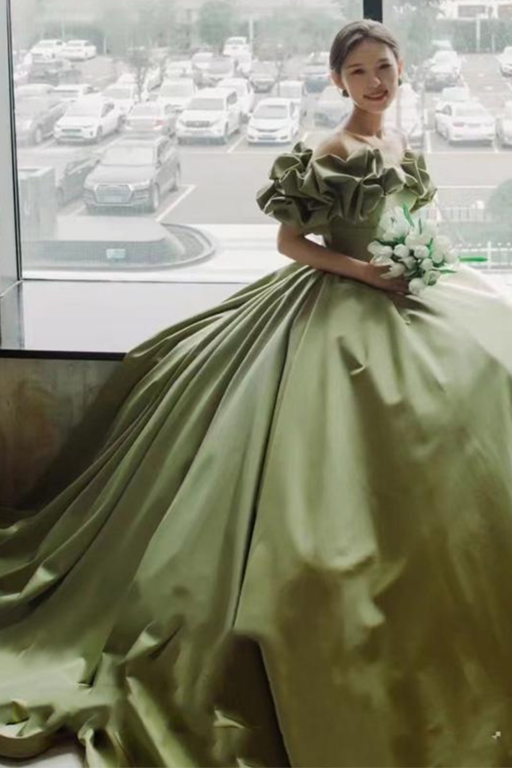 A-LINE OFF-SHOULDER SATIN GREEN DRESS FOR WEDDING GUEST