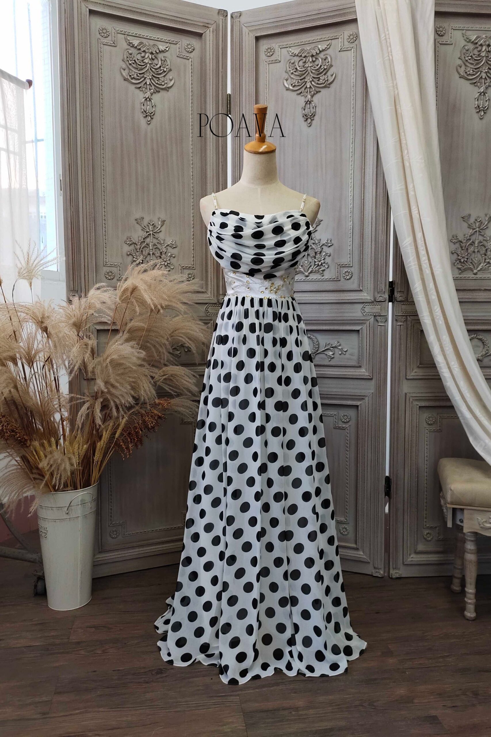 CHIFFON MAXI DRESS WITH BLACK DOTS FOR PARTY
