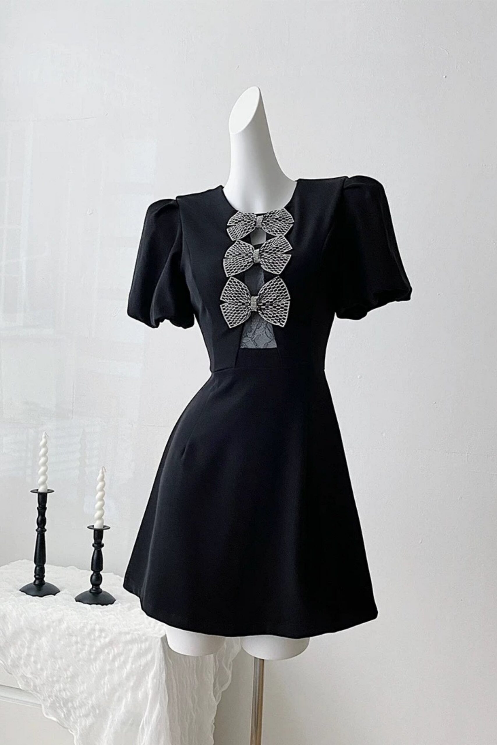VANESSA BOW PUFF SLEEVE MINI BLACK COCKTAIL DRESS