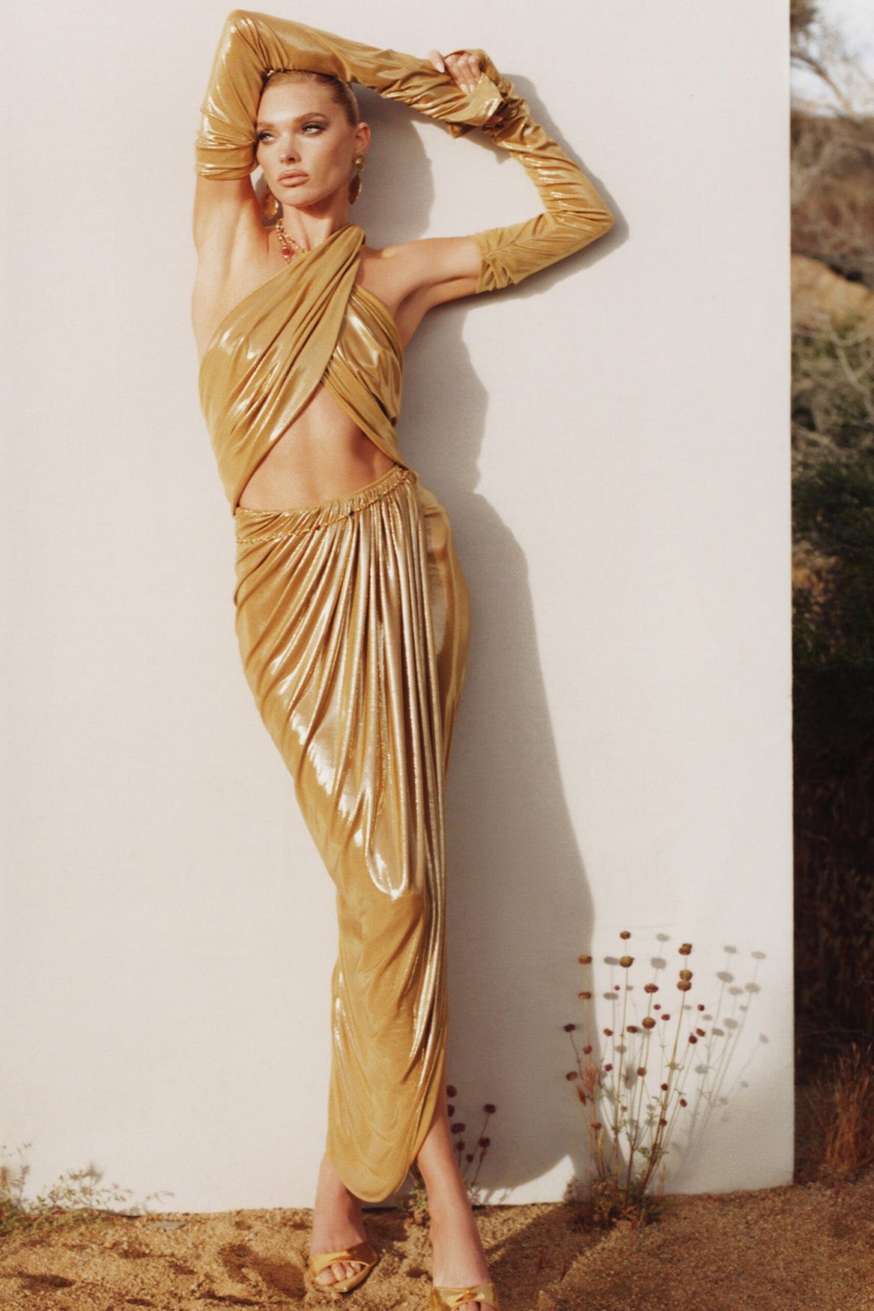 GOLD RUCHED LEATHER MIDI DRESS PARTY