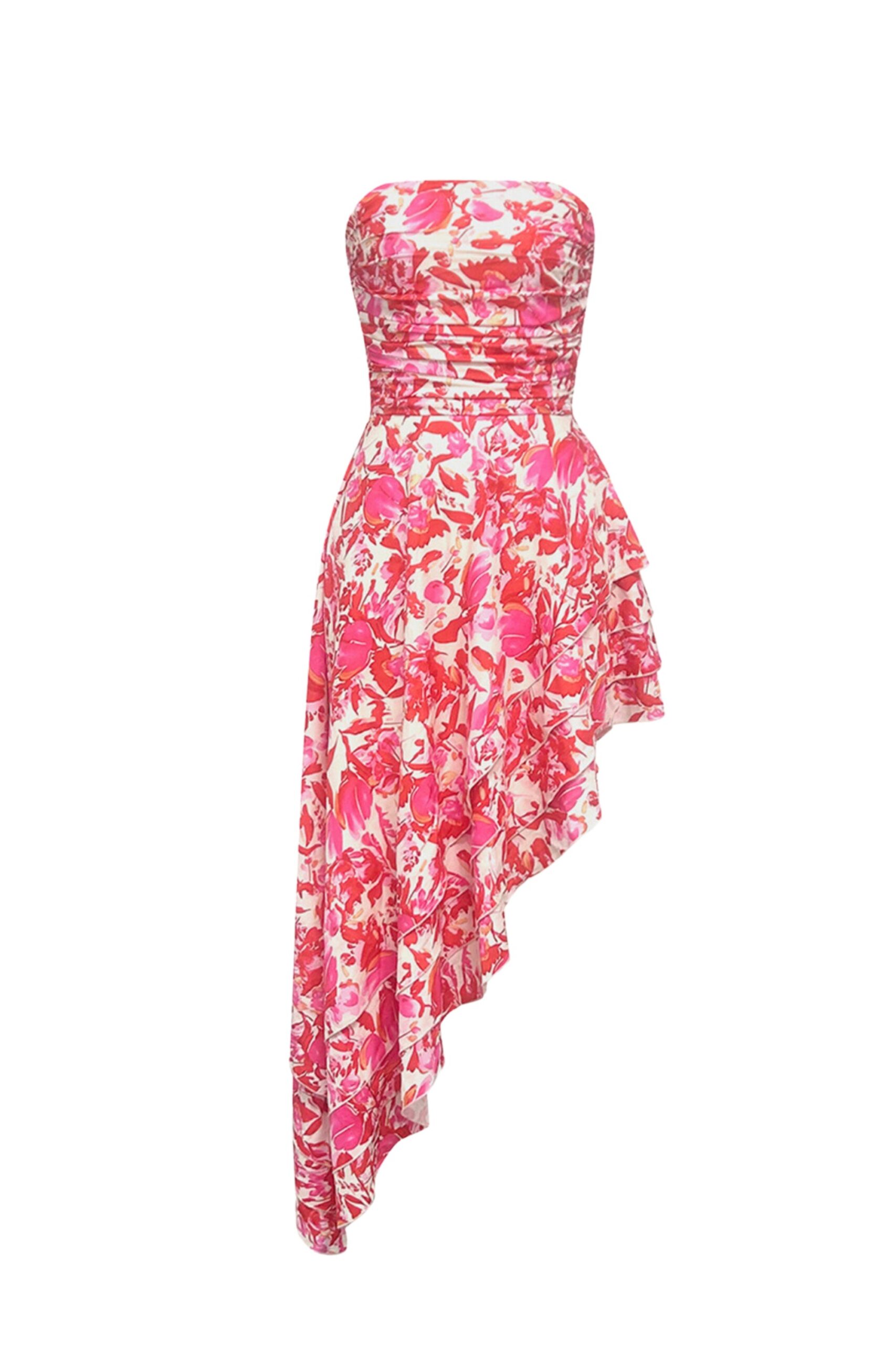 FLORAL STRAPLESS RUFFLE MIDI DRESS, RED PINK WEDDING GUEST