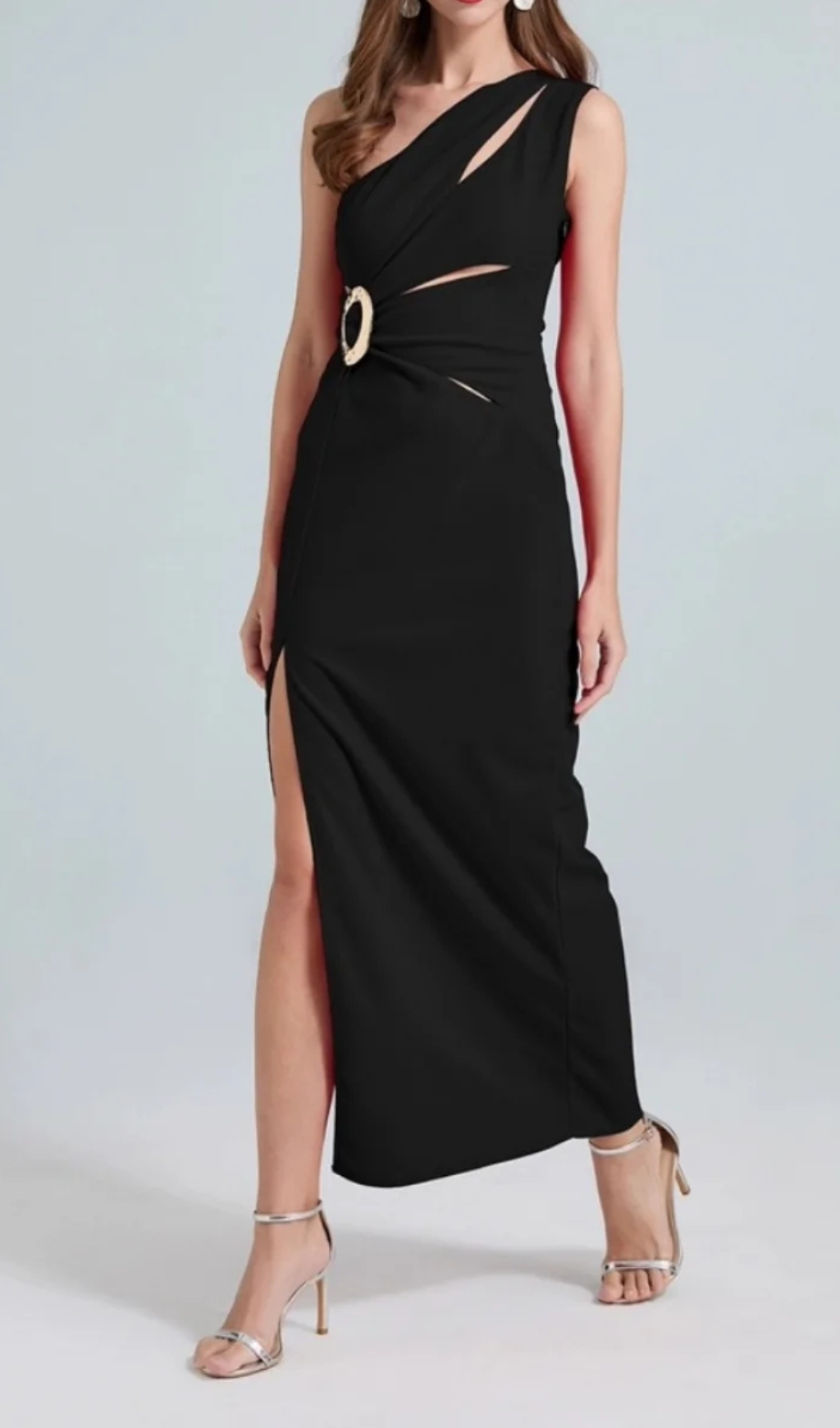 ONE-SHOULDER SIDE SLIT MAXI DRESS, BLACK
